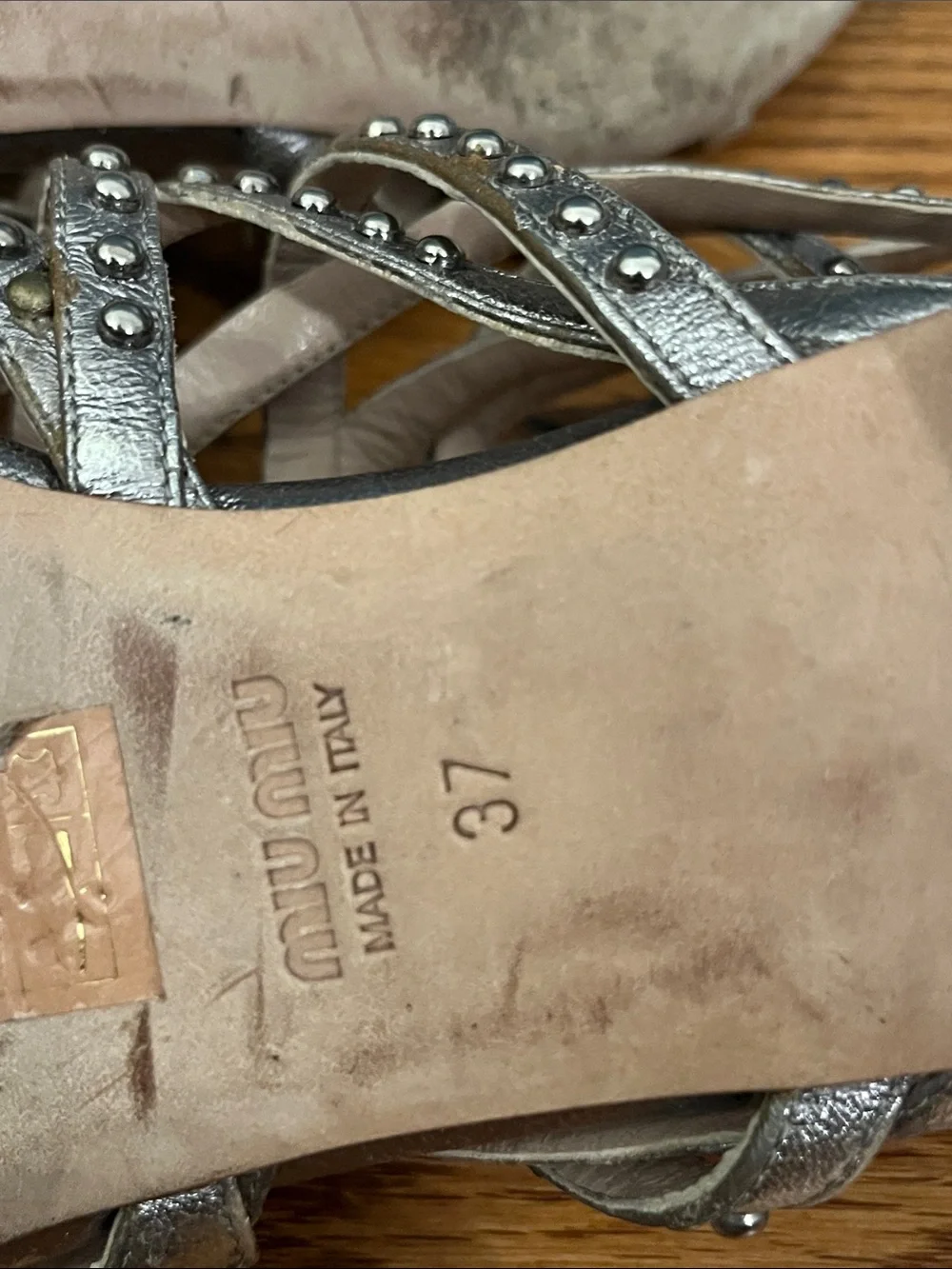 MIU MIU Studded Gladiator/Cage Sandals in silver